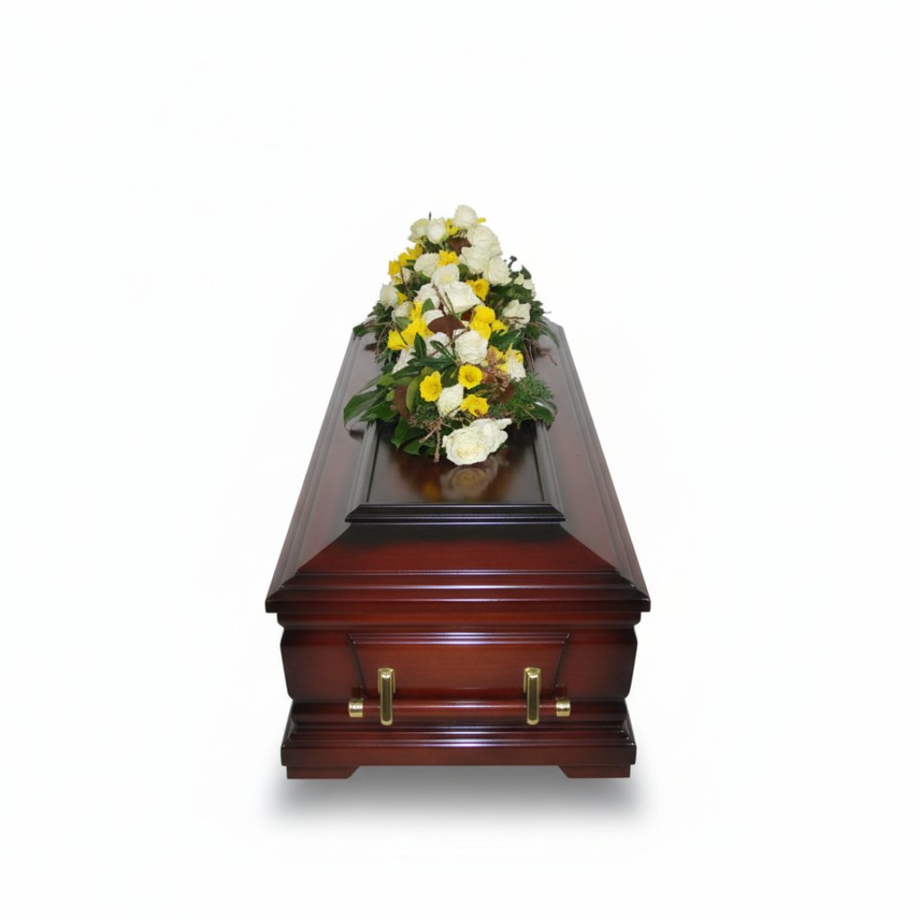 Kistepynt med påskeliljer og roser