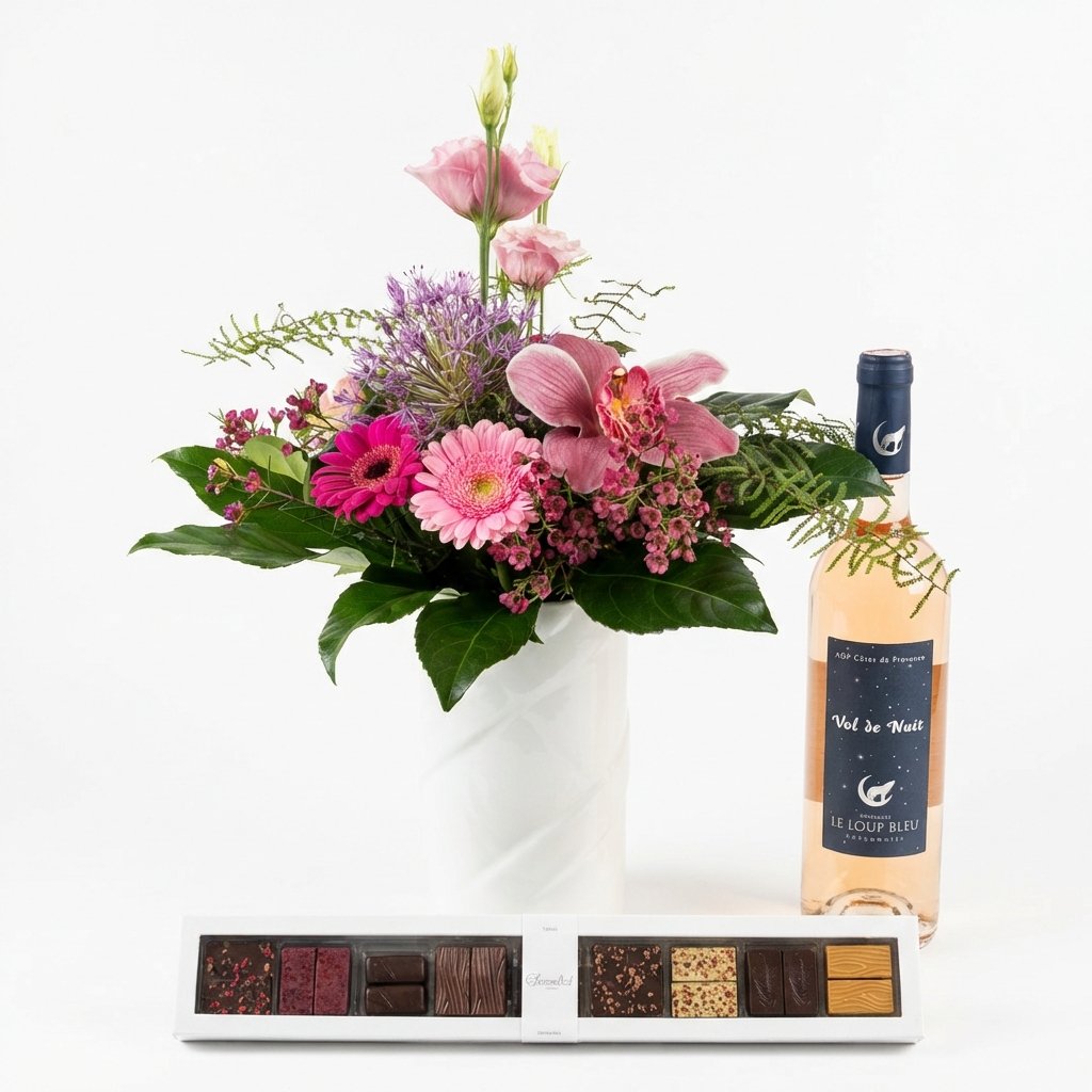 Buket med chokolade og vin