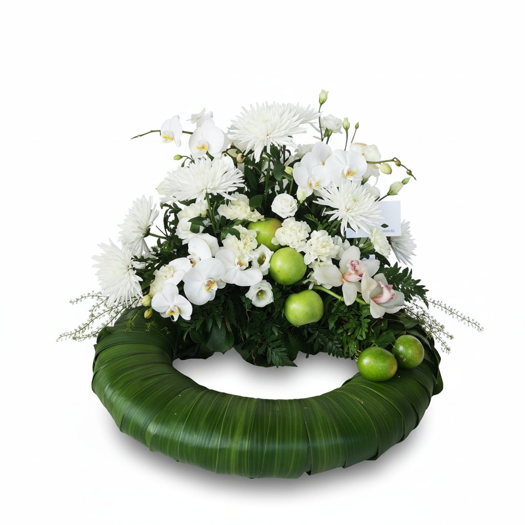 Krans med orkideer og chrysanthemum